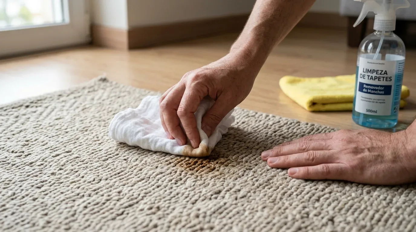 Fotografia em plano aproximado de mãos a limpar uma nódoa num tapete bege de malha encorpada com um pano branco. No piso de madeira, ao lado do tapete, encontram-se um pano de microfibra amarelo e um frasco pulverizador com o rótulo "LIMPEZA DE TAPETES - Remover de Manchas".