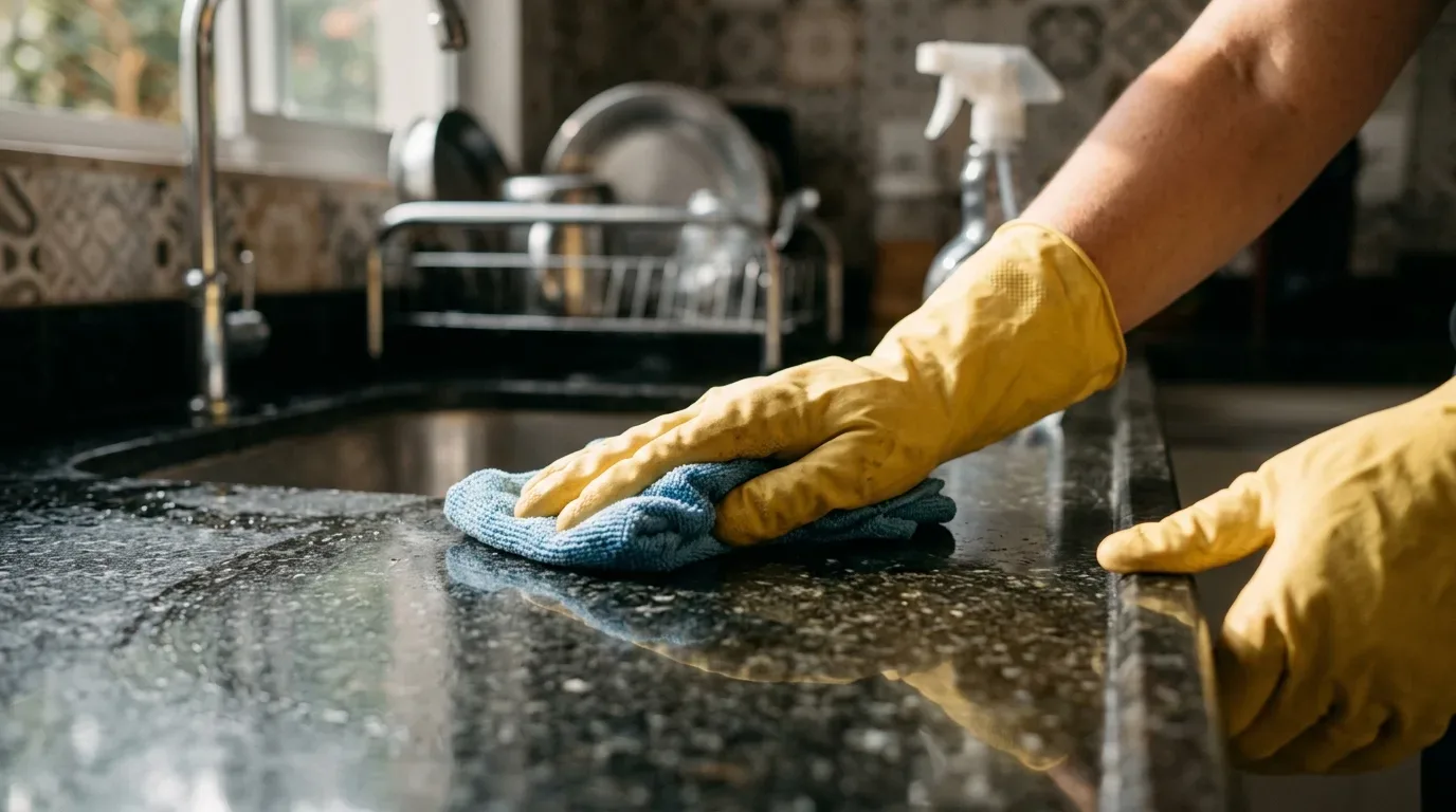 Close-up das mãos de uma pessoa vestindo luvas amarelas de borracha e usando um pano azul de microfibra para limpar uma bancada de granito escuro, que está molhada. Ao fundo, fora de foco, vê-se uma pia de cozinha com torneira metálica e um escorredor com pratos e panelas.