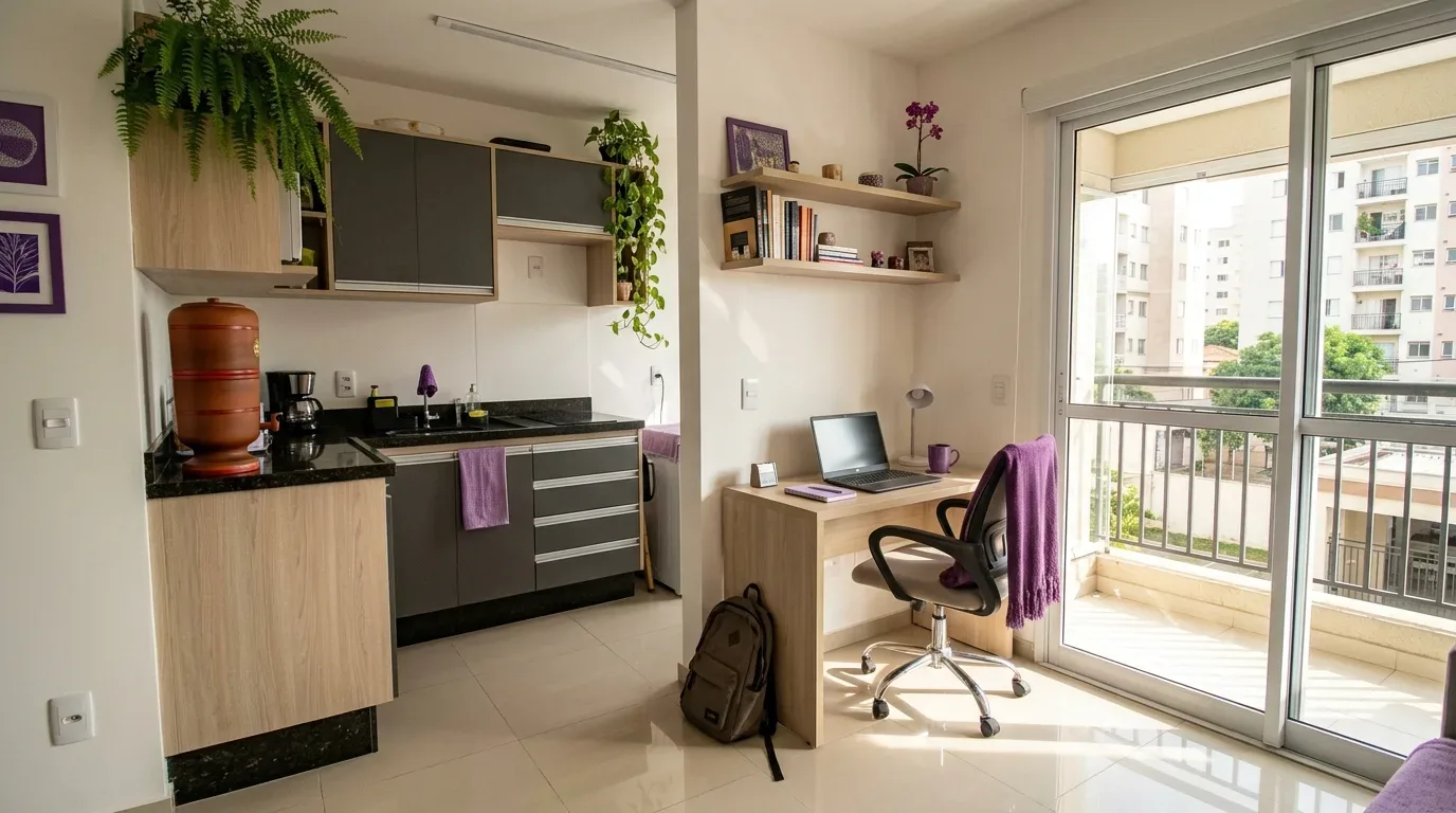 Visão integrada de um apartamento compacto e moderno, mostrando uma cozinha americana planejada com filtro de barro à esquerda e uma estação de trabalho com escrivaninha, notebook e cadeira de escritório ao centro, ao lado de uma porta de vidro para a varanda.
