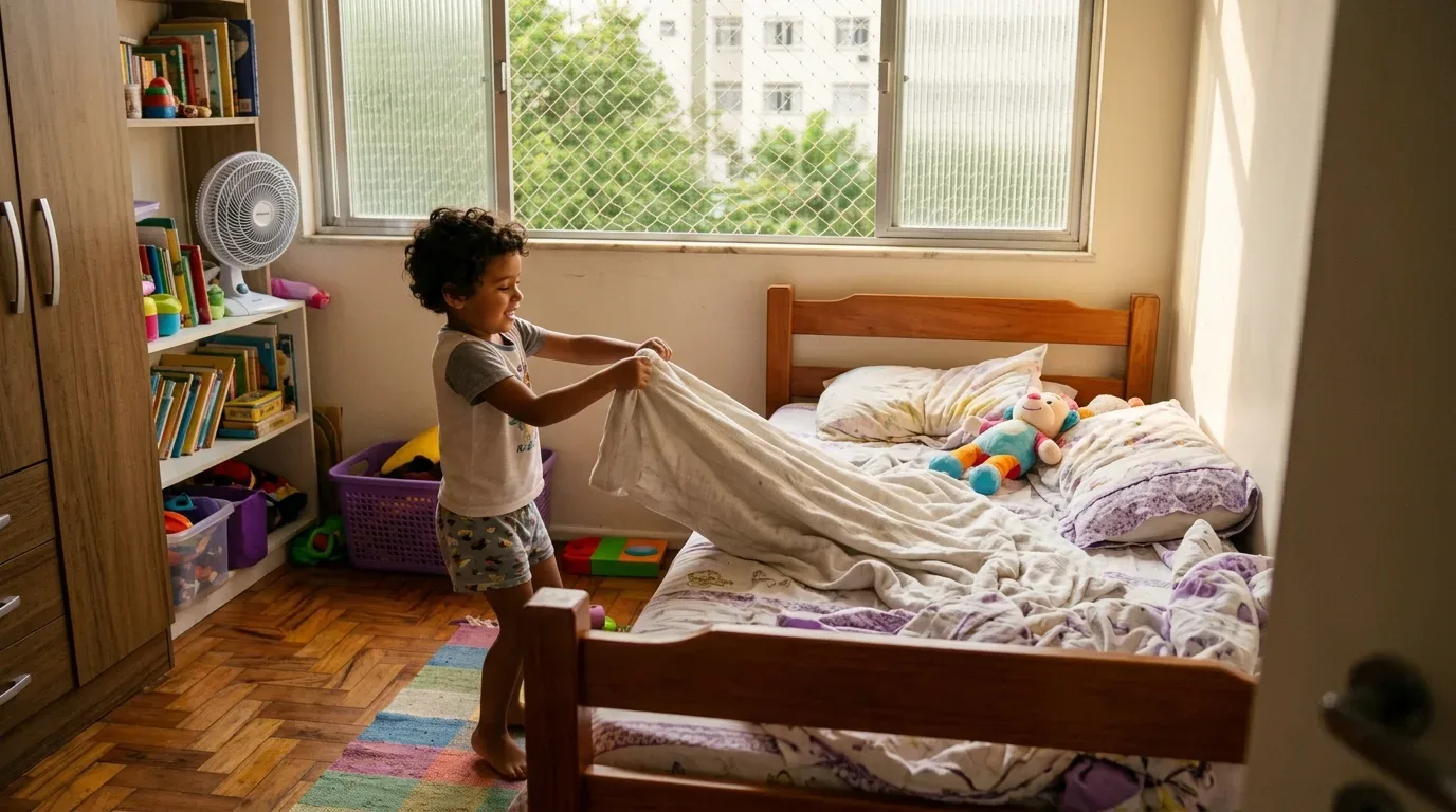 Cama infantil baixa com coberta leve parcialmente esticada e pijama dobrado ao lado