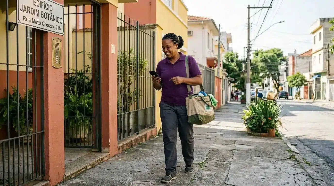 Uma profissional de limpeza a caminhar num passeio residencial enquanto consulta o telemóvel com um sorriso. Ela carrega uma bolsa com materiais de limpeza ao ombro e passa em frente à entrada de um prédio com uma placa onde se lê "EDIFÍCIO JARDIM BOTÂNICO - Rua Mato Grosso, 215".