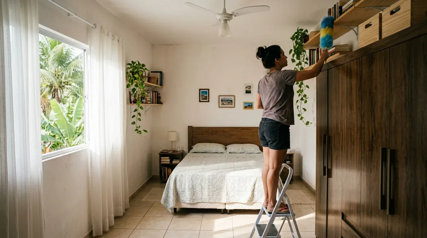 Uma mulher em pé sobre uma escadinha limpando o pó das prateleiras e livros com um espanador colorido, acima de um guarda-roupa de madeira, em um quarto iluminado com cama de casal arrumada, mesinhas de cabeceira e cortinas brancas ao lado de uma grande janela.
