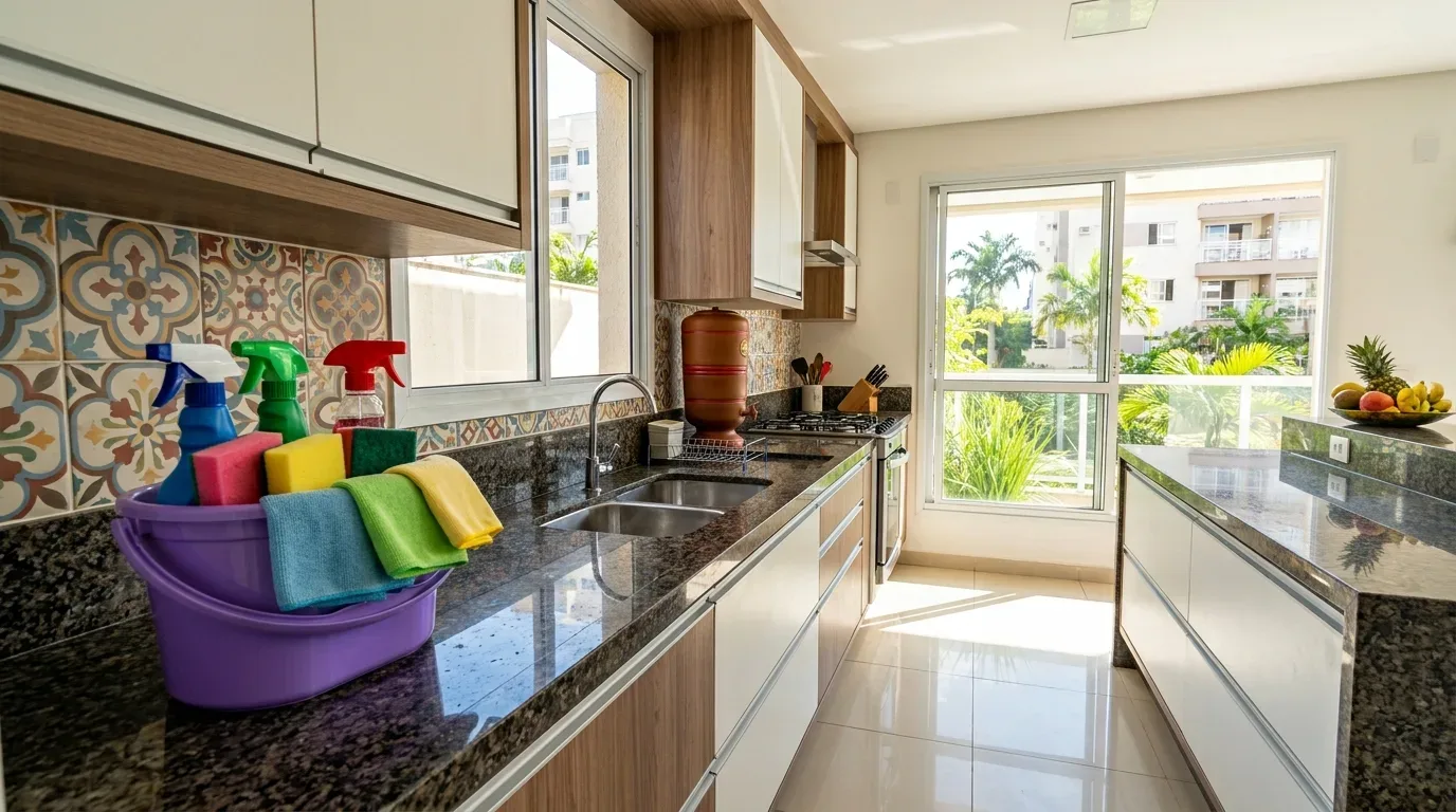 Cesto compacto com panos, escova e produtos sem rótulo sobre piso claro de apartamento