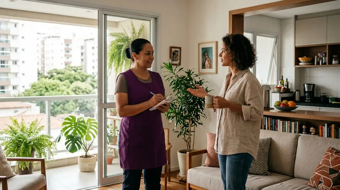 Uma profissional de limpeza de avental roxo conversa com uma moradora que segura uma xícara, enquanto faz anotações em um bloquinho, em uma sala de estar bem iluminada com plantas e porta de vidro para a varanda.