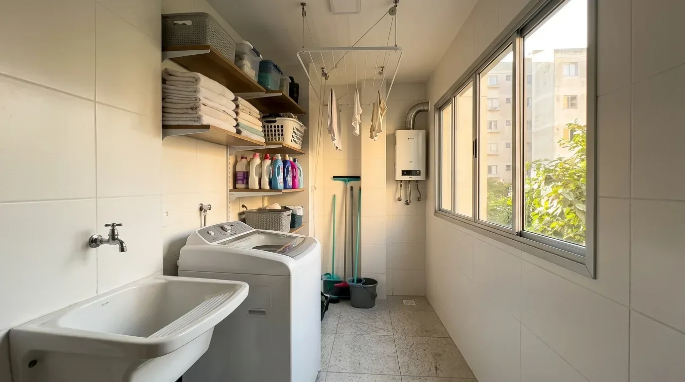 Área de serviço bem iluminada e organizada, destacando um tanque branco em primeiro plano, máquina de lavar roupas, prateleiras com toalhas dobradas e produtos de limpeza, varal de teto com panos estendidos, aquecedor a gás e uma ampla janela à direita.