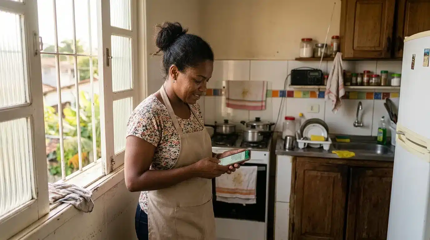 Uma mulher de avental bege a consultar o telemóvel junto à janela de uma cozinha residencial. A luz natural entra pela janela de caixilharia branca, revelando ao fundo o fogão com panelas, armários de madeira e o lava-loiça.