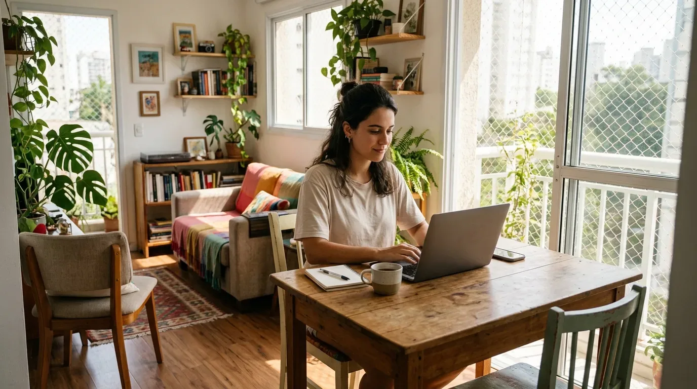 Uma jovem trabalha concentrada em seu notebook sobre uma mesa de madeira em uma sala bem iluminada e decorada com plantas, com um caderno e uma xícara ao lado do computador.