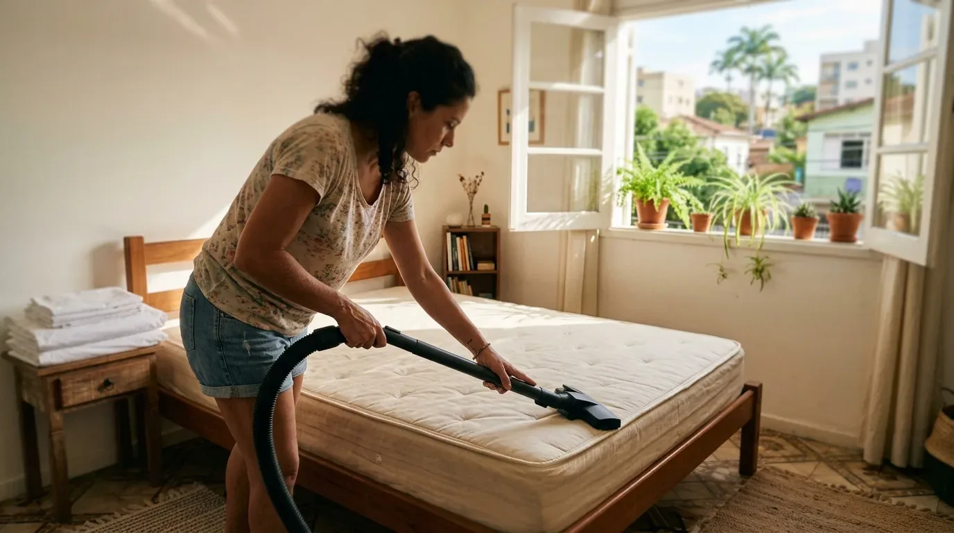 Uma mulher a utilizar o bocal de um aspirador para higienizar um colchão sobre uma estrutura de cama de madeira num quarto muito iluminado. A janela aberta em segundo plano revela vasos de plantas no peitoril e a vista para o bairro residencial.