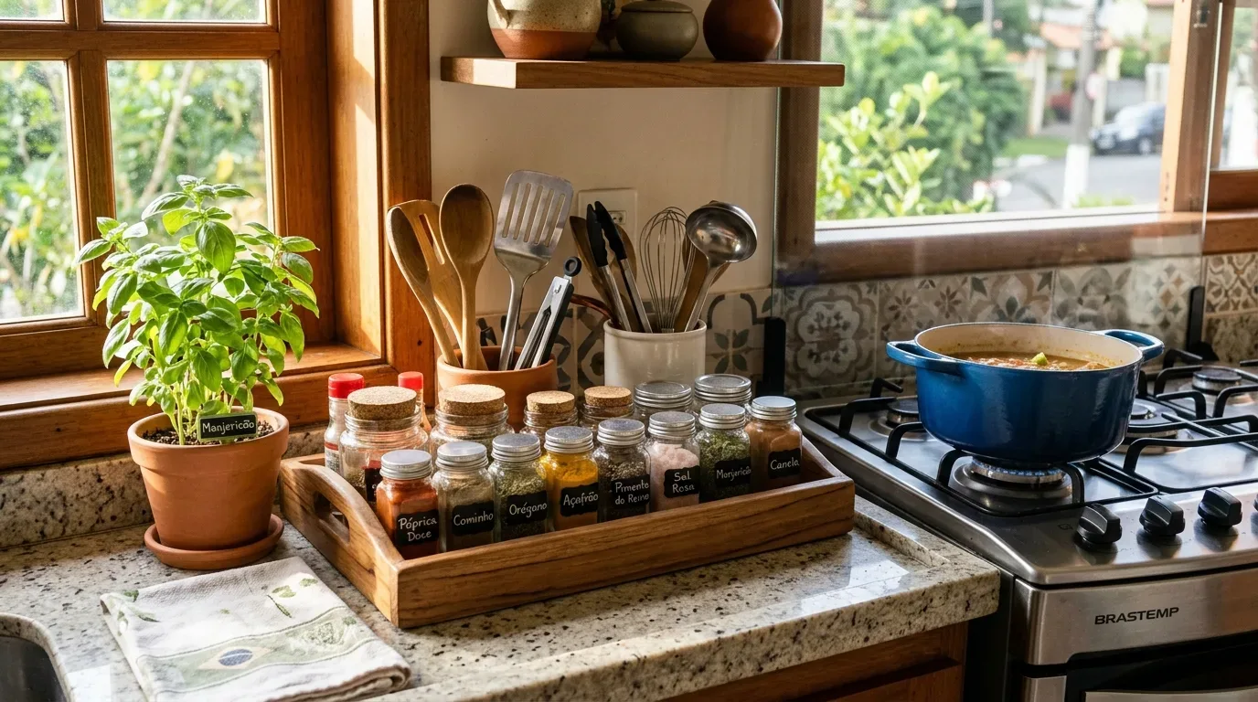 Uma bancada de cozinha organizada com uma bandeja de madeira contendo frascos de vidro etiquetados com temperos como "Páprica Doce", "Cominho", "Orégano" e "Açafrão". Ao lado, encontram-se um vaso de manjericão, utensílios de cozinha e uma panela azul sobre o fogão.