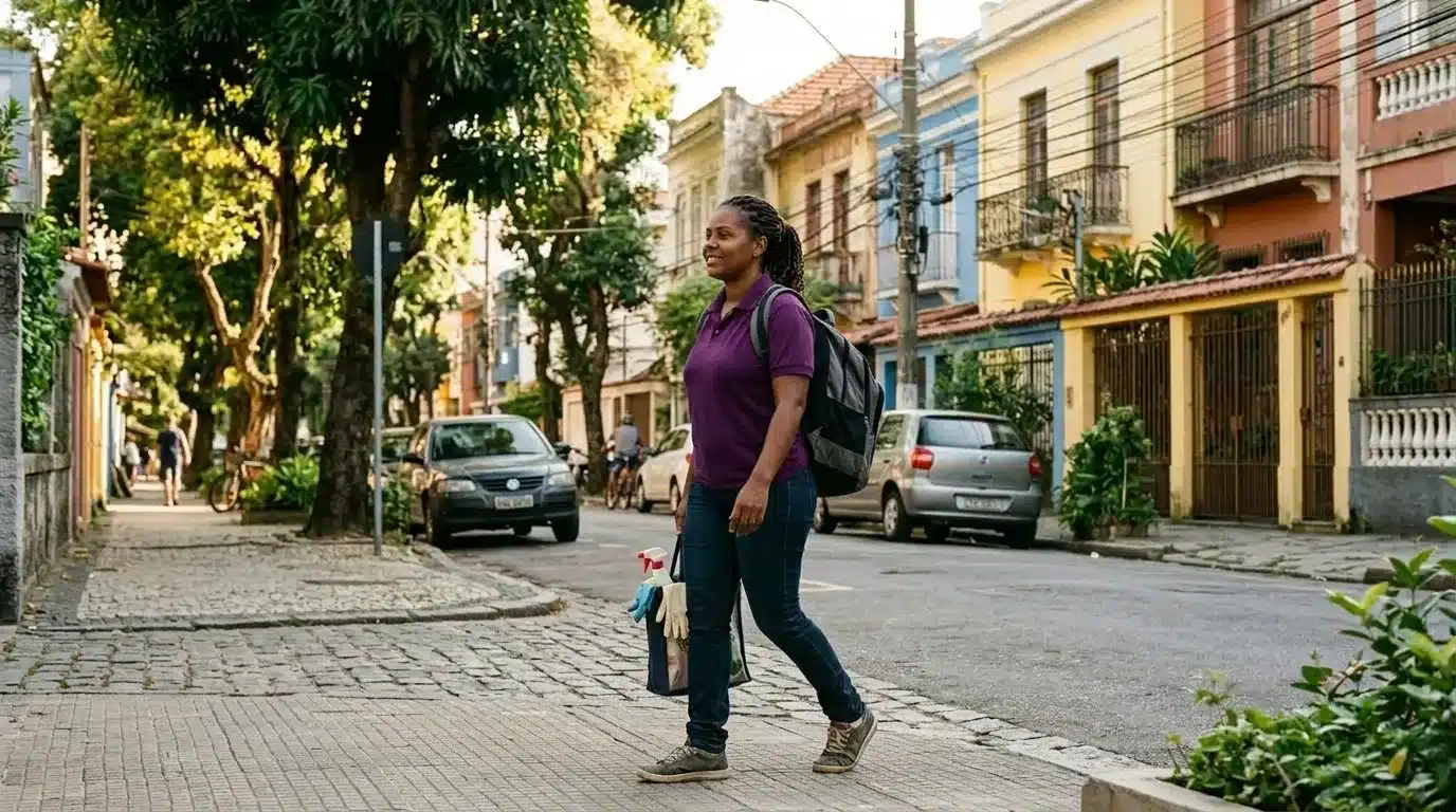 Uma profissional de limpeza a caminhar pelo passeio de uma rua residencial arborizada. Ela veste uma t-shirt polo roxa, calças de ganga e mochila nas costas, carregando numa das mãos uma sacola com produtos e luvas de limpeza, com casas coloridas e carros estacionados ao fundo.