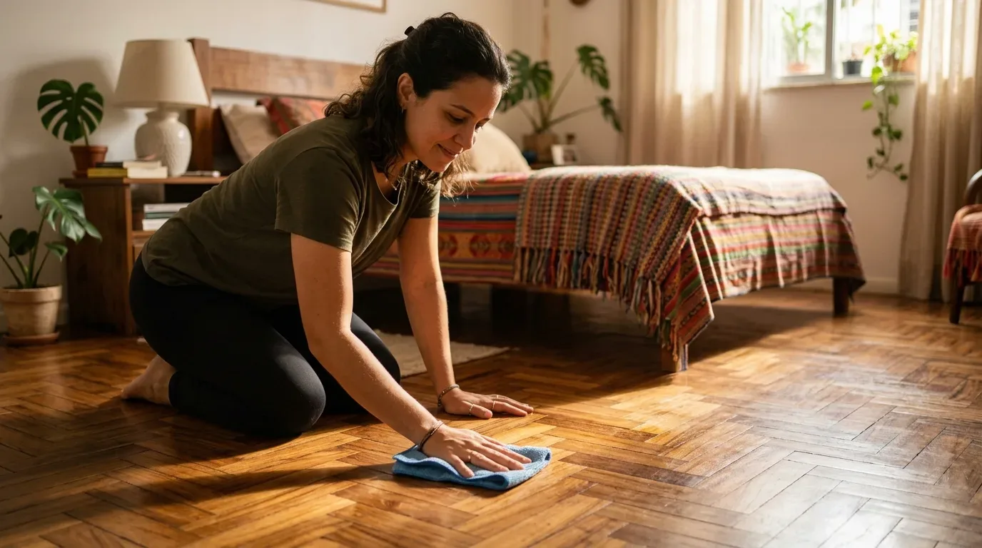 Uma mulher ajoelhada sobre o piso de taco de madeira num quarto acolhedor, a limpar e polir o chão com um pano de microfibra azul. A luz do sol entra pela janela iluminando o espaço, que inclui uma cama com colcha colorida estampada, plantas em vasos e uma mesa de cabeceira com candeeiro.