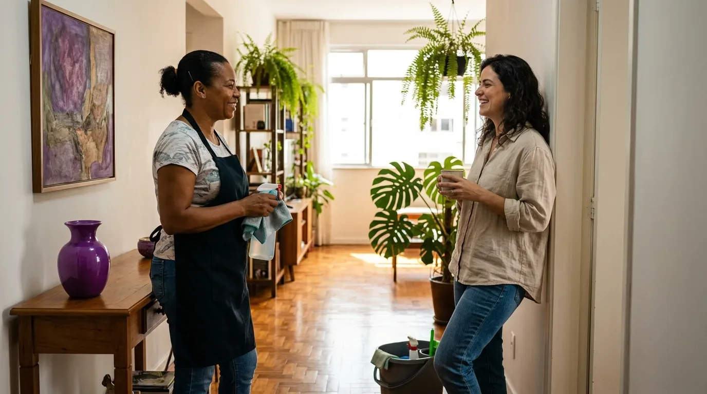 Uma diarista vestindo avental preto, segurando um pano de limpeza e um borrifador, conversa sorridente com a moradora da casa, que segura uma caneca encostada no batente, em um corredor de apartamento iluminado e decorado com plantas.