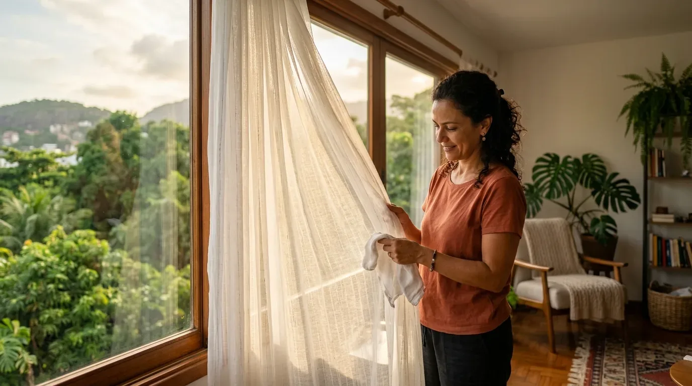 Uma mulher com uma t-shirt de tom terracota a limpar delicadamente uma cortina translúcida branca com um pano macio, junto a uma grande janela de madeira. A luz do sol atravessa o tecido e ilumina a sala de estar acolhedora, decorada com plantas de interior e móveis de madeira.