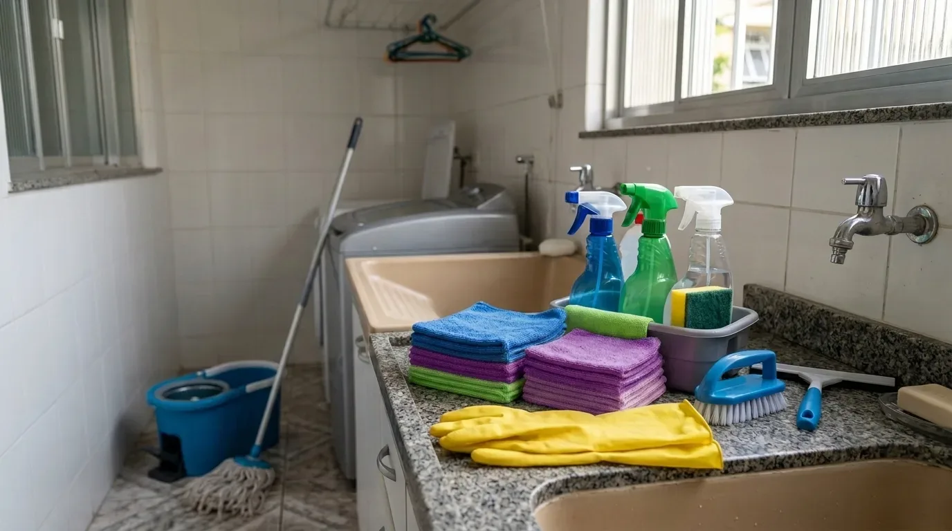 Uma área de serviço ou lavanderia organizada com diversos itens de limpeza sobre a bancada de granito, incluindo panos de microfibra coloridos dobrados (azul, roxo, verde), luvas de borracha amarelas, escova de esfregar, rodinho e uma cesta plástica com borrifadores e esponja. Ao fundo, vê-se um tanque, uma máquina de lavar, um balde com esfregão e um varal de teto.