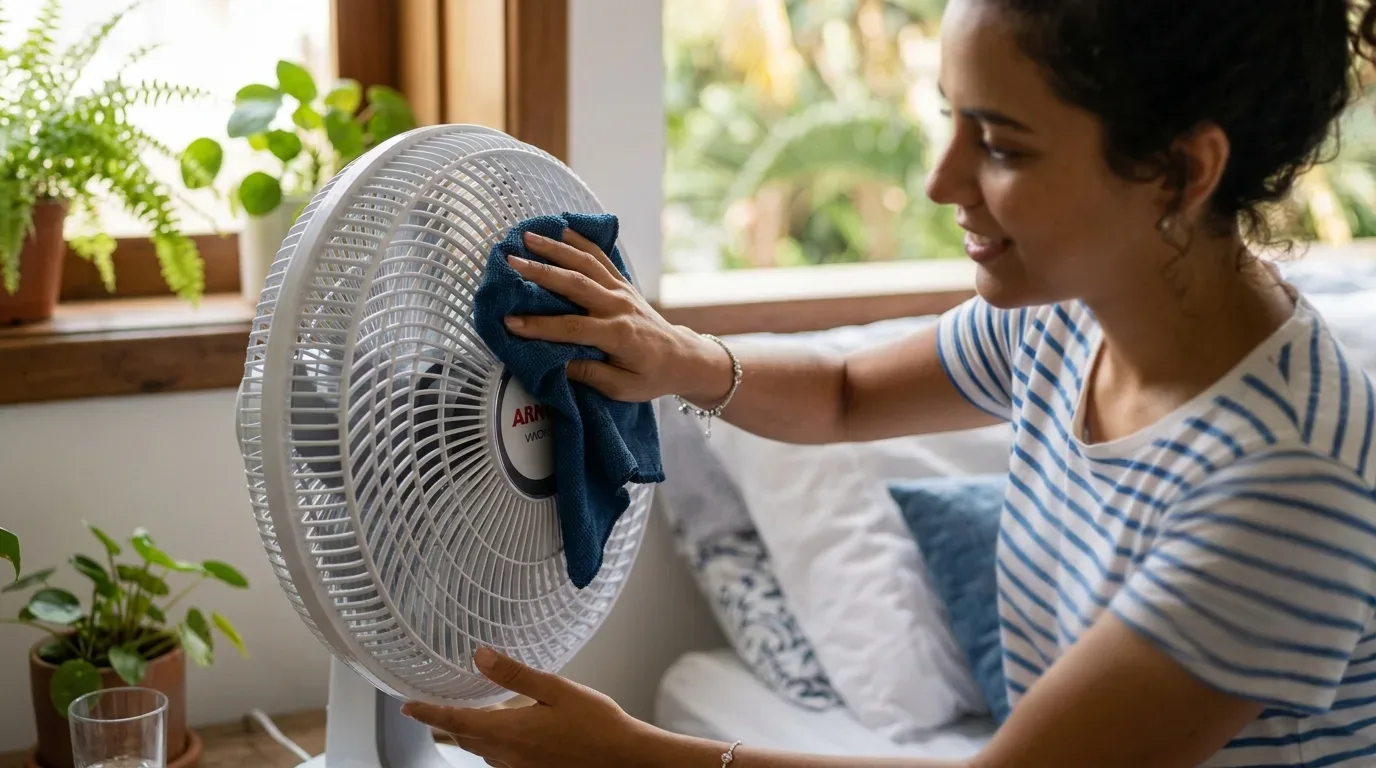 Uma jovem mulher sorridente, vestindo uma camiseta listrada azul e branca, limpando um ventilador de mesa branco e redondo com um pano de microfibra azul. Ela está segurando a grade frontal do ventilador enquanto o limpa. O fundo mostra um quarto desfocado com uma janela com moldura de madeira e vasos de plantas no peitoril, e travesseiros na cama.