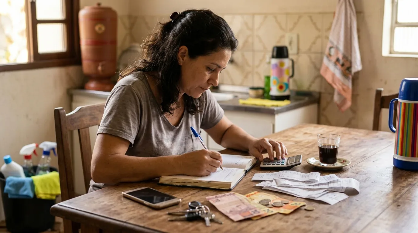 Uma mulher sentada à mesa de madeira organizando despesas em um caderno com o auxílio de uma calculadora, cercada por notas fiscais, dinheiro em espécie, chaves, um celular e um copo de café, com a cozinha ao fundo.