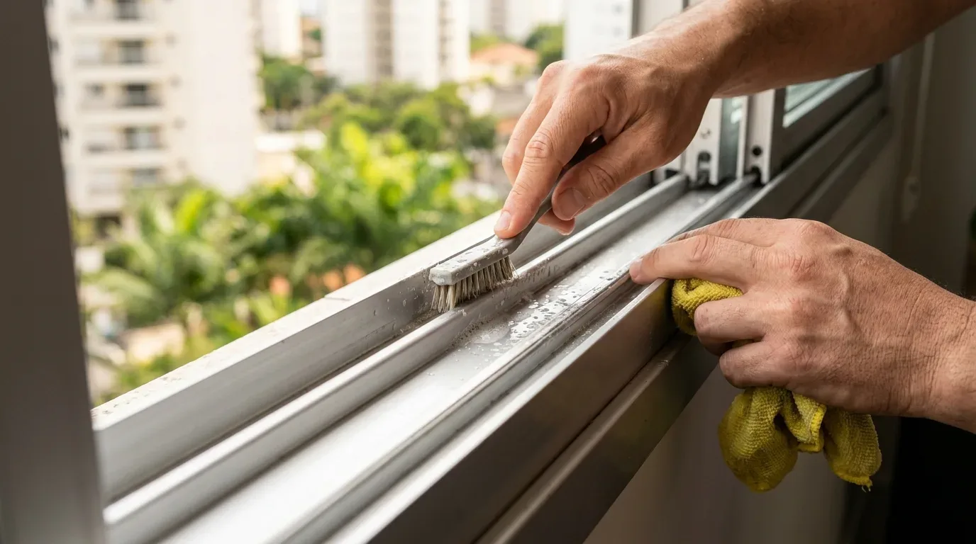 Grande plano das mãos de uma pessoa a limpar a calha de uma janela de correr em alumínio com uma pequena escova e a segurar um pano de limpeza amarelo, com edifícios e árvores visíveis no exterior.