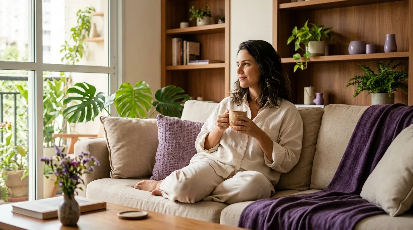 Uma mulher vestindo roupas claras e confortáveis descansa descalça em um sofá bege segurando uma caneca, enquanto olha em direção à varanda ensolarada e repleta de plantas, com manta e almofada roxas no estofado.