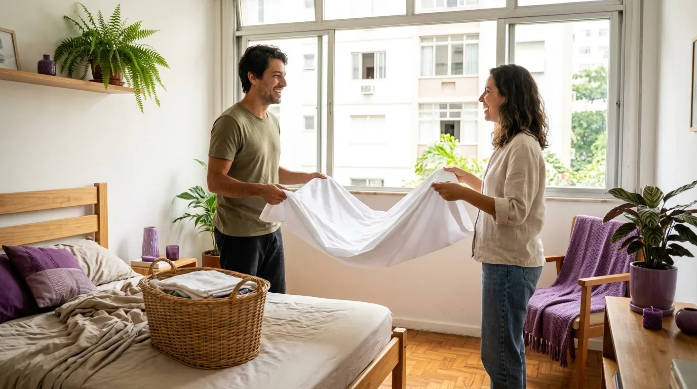 Um casal sorridente dobra junto um lençol branco em um quarto iluminado, de pé em frente a uma cama de madeira com um cesto de vime com roupas, piso de taco e uma grande janela com vista externa ao fundo.