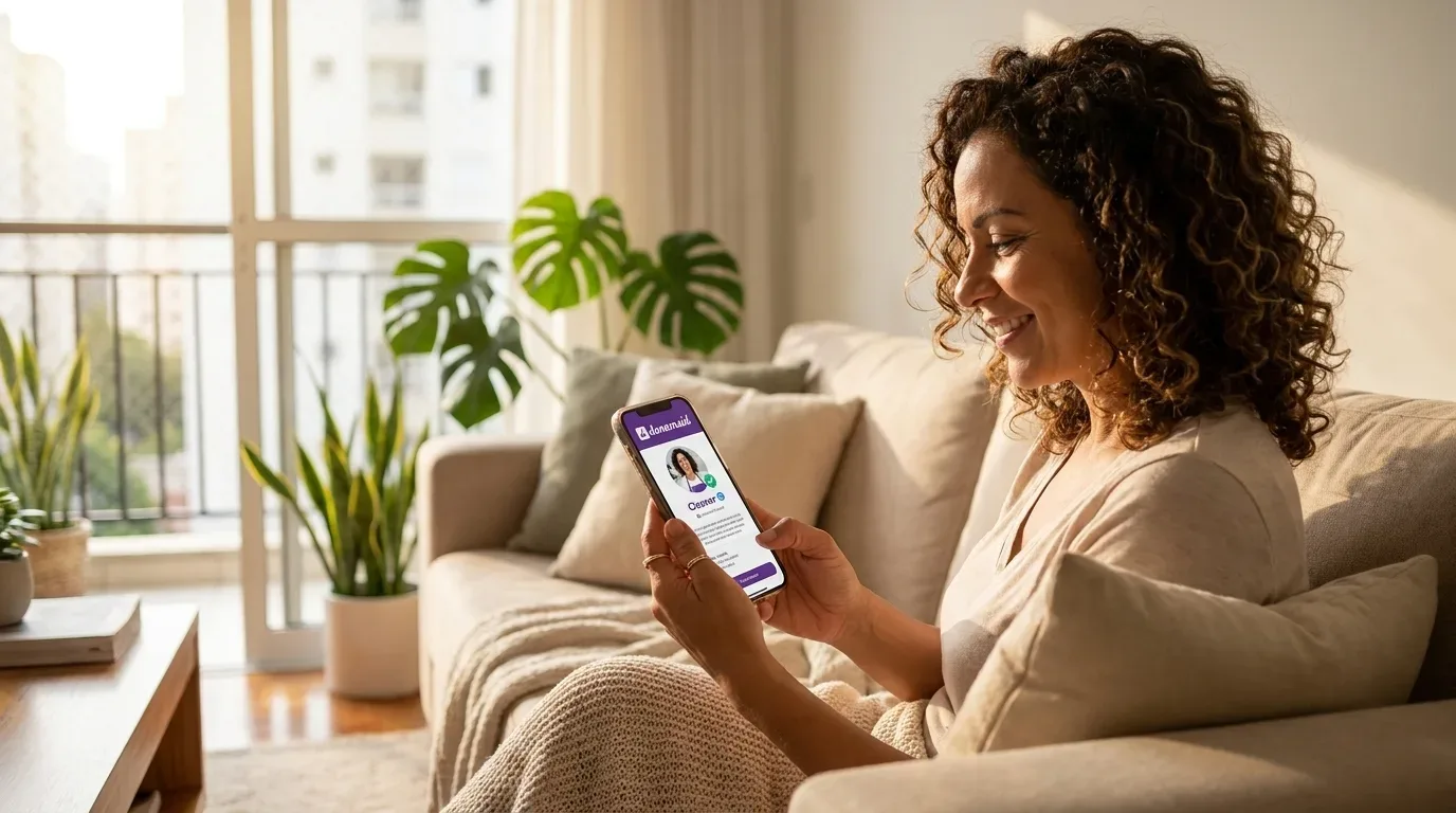 Uma mulher sorridente de cabelo encaracolado sentada num sofá bege, a visualizar o perfil de uma profissional numa aplicação no telemóvel. A sala de estar é acolhedora e iluminada, decorada com plantas de interior como a costela-de-adão e vista para a varanda.