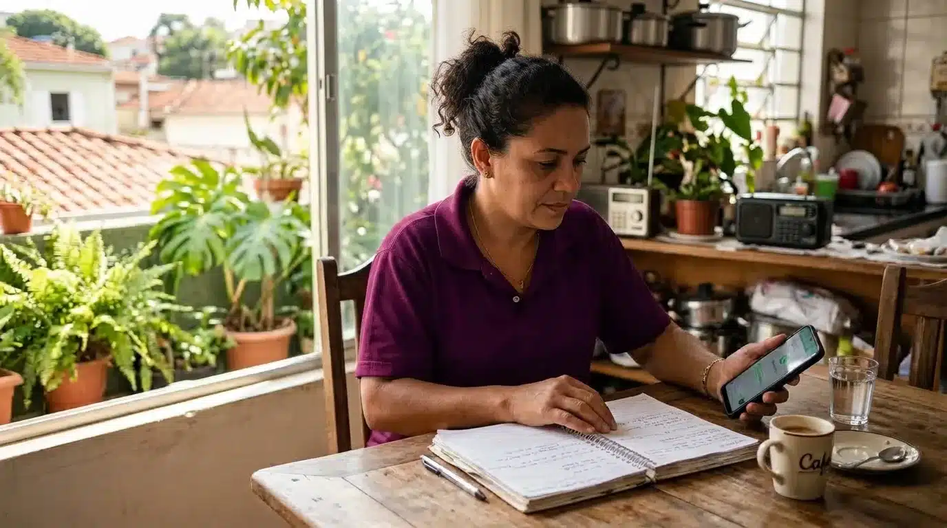 Uma mulher vestindo polo roxa, sentada à mesa de madeira de uma cozinha acolhedora. Ela segura um telemóvel numa mão enquanto consulta um caderno de anotações aberto, ao lado de uma caneca de café e um copo de água, num ambiente bem iluminado com plantas junto à janela ao fundo.