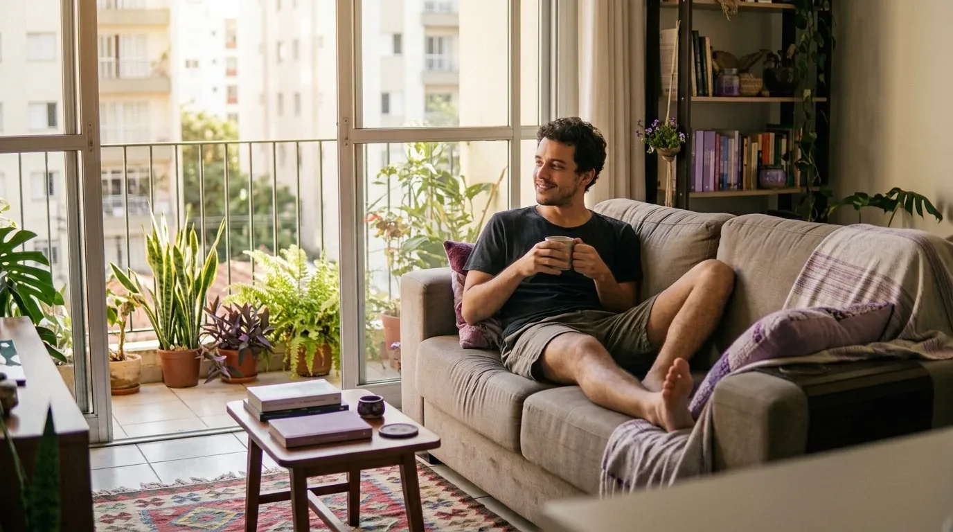 Um homem de cabelo cacheado relaxa em um sofá cinza segurando uma xícara, enquanto olha sorridente em direção à varanda ensolarada e repleta de plantas de seu apartamento.
