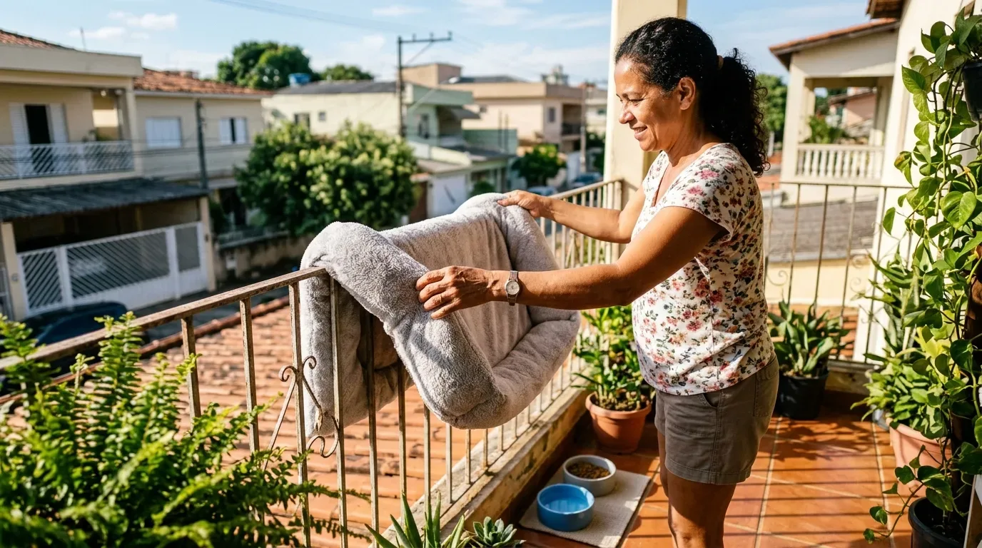 Uma mulher a colocar uma cama acolchoada cinzenta de animal de estimação sobre o corrimão de ferro de uma varanda ensolarada. O piso de tijoleira da varanda reúne taças para água e ração rodeadas por diversos vasos de plantas ornamentais.