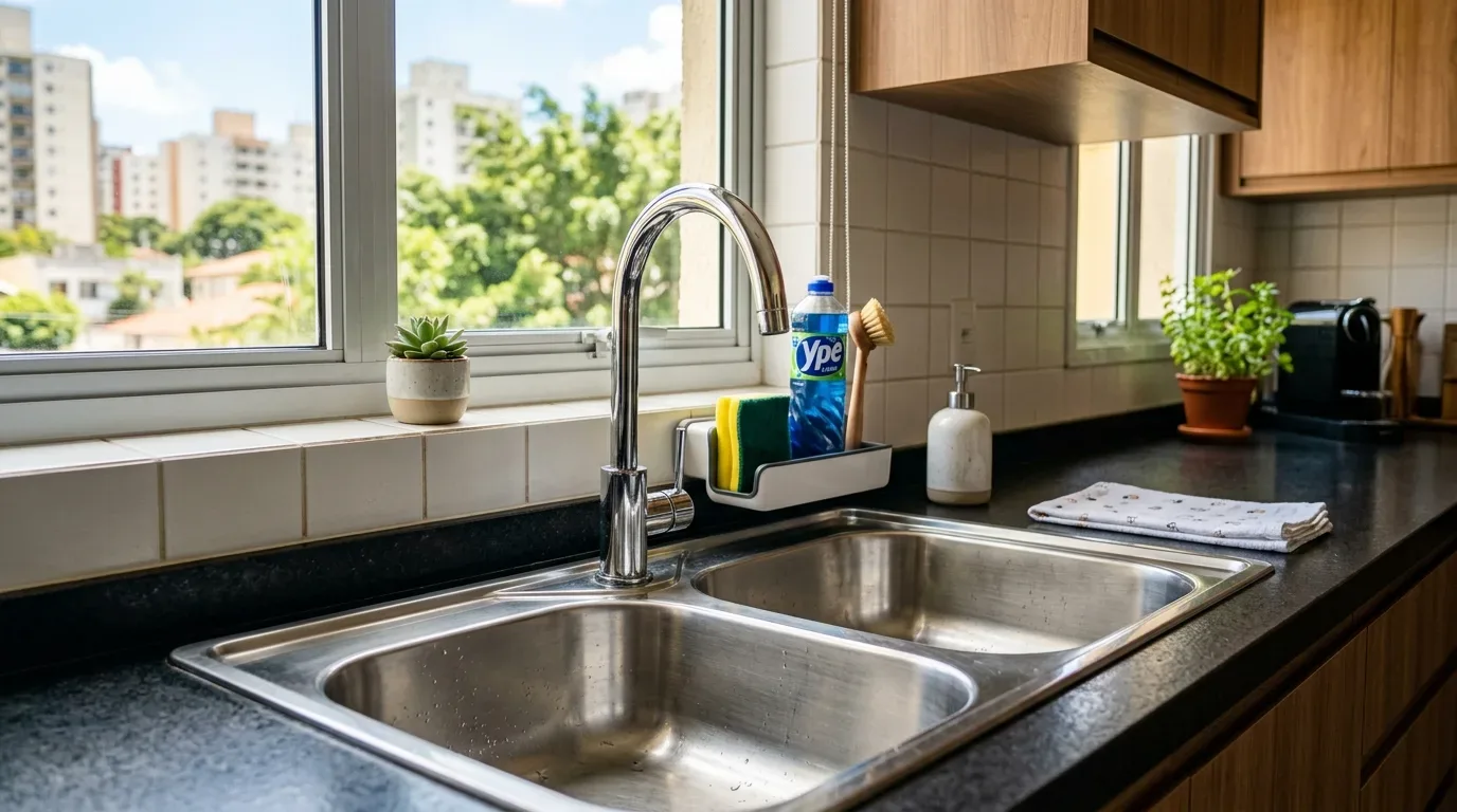 Um lava-loiça duplo de aço inoxidável perfeitamente limpo, instalado numa bancada de granito escuro em frente a uma janela iluminada. A torneira cromada tem acoplado um suporte com esponja e detergente "Ypê", num ambiente moderno com armários de madeira e uma pequena suculenta.