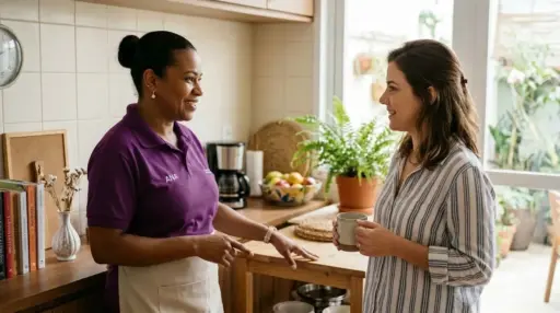 Uma profissional de limpeza vestindo um polo roxo com o crachá "ANA" e avental bege, a conversar sorridente com uma moradora numa cozinha iluminada. A moradora segura uma chávena de café enquanto escuta a explicação junto à bancada de madeira decorada com livros de receitas e plantas.