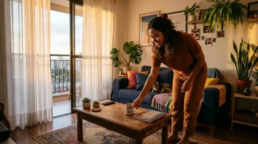 Uma mulher a arrumar a sala de estar, colocando uma caneca gravada com a frase "AMOR E CAFÉ" sobre a mesa de centro de madeira junto a um caderno. A sala acolhedora conta com um sofá azul onde dorme um gato, diversas plantas de interior e luz do sol a entrar pela porta da varanda.