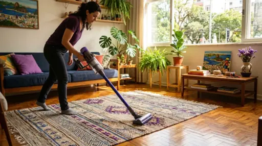 Uma mulher a utilizar um aspirador vertical sem fios num tapete estampado sobre o piso de taco de madeira. A sala de estar é ampla e bem iluminada, contando com um sofá azul com almofadas roxas, diversas plantas ornamentais em bancos de madeira e uma grande janela com vista para o exterior.