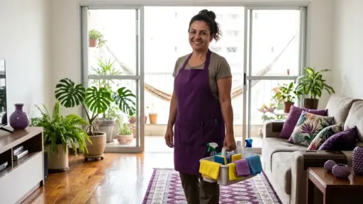Uma mulher sorridente em pé no centro de uma sala de estar residencial, vestindo um avental roxo escuro sobre uma camiseta cinza e calça escura, enquanto segura uma cesta plástica com produtos de limpeza, borrifadores e panos coloridos. A sala é bem iluminada, com piso de madeira, tapete, sofá com almofadas, muitas plantas e uma grande porta de vidro que dá acesso a uma varanda com rede.