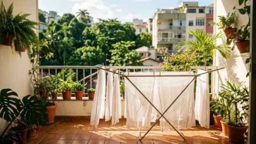 Uma varanda de apartamento ensolarada com piso de lajota e parapeito de grade branca, repleta de vasos de plantas como samambaias e costela-de-adão. No centro, um varal de metal portátil com roupas brancas penduradas para secar sob a luz do sol, com uma vista de colinas verdes e prédios residenciais ao fundo.