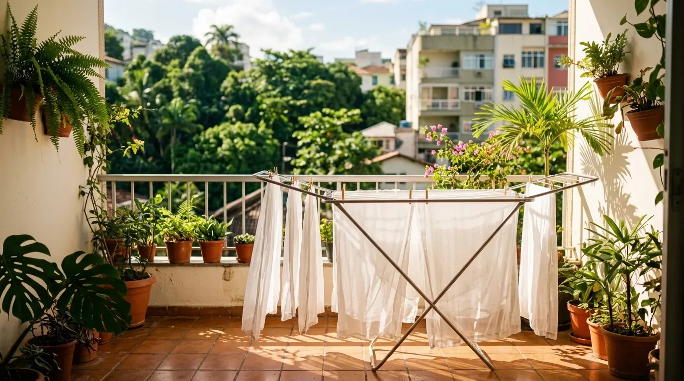 Uma varanda de apartamento ensolarada com piso de lajota e parapeito de grade branca, repleta de vasos de plantas como samambaias e costela-de-adão. No centro, um varal de metal portátil com roupas brancas penduradas para secar sob a luz do sol, com uma vista de colinas verdes e prédios residenciais ao fundo.
