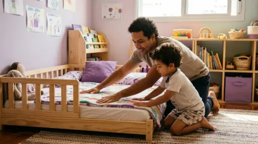 Criança alisando a coberta de uma cama baixa em quarto infantil iluminado