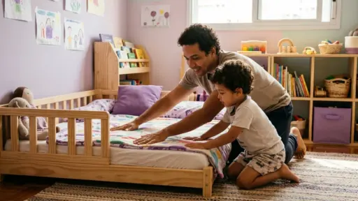 Criança alisando a coberta de uma cama baixa em quarto infantil iluminado
