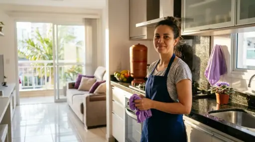 Uma mulher sorridente vestindo avental azul escuro segura um pano de microfibra roxo na cozinha, com a bancada de granito, fogão, filtro de barro e um vaso de flores roxas à sua frente, enquanto a sala de estar e a varanda ensolarada aparecem ao fundo.