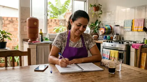 Uma mulher sorridente de avental roxo sentada à mesa da cozinha escrevendo em um caderno espiral, com celular, óculos e copos com café e água à sua frente, e um filtro de barro ao fundo.