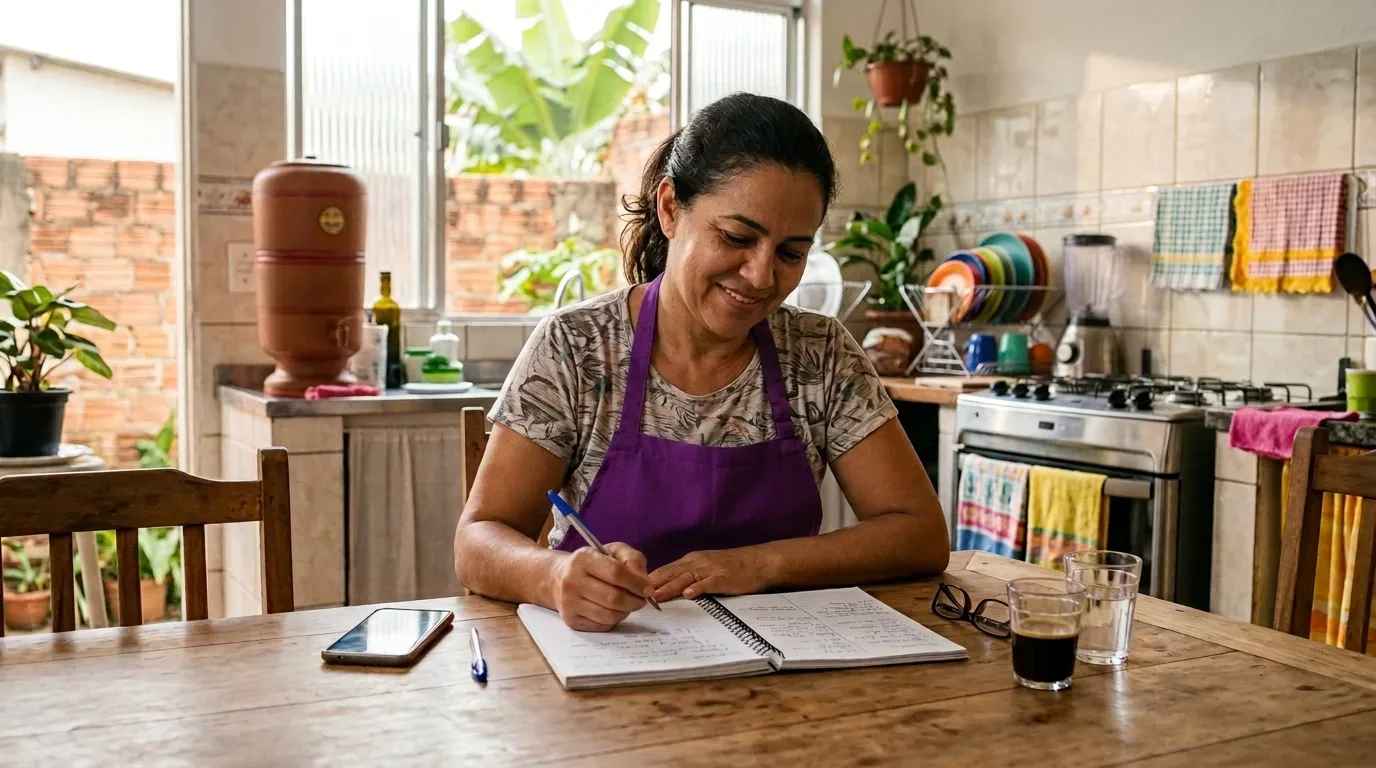 Uma mulher sorridente de avental roxo sentada à mesa da cozinha escrevendo em um caderno espiral, com celular, óculos e copos com café e água à sua frente, e um filtro de barro ao fundo.