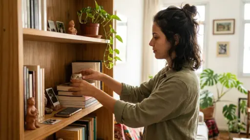Uma mulher de cabelo preso em coque e camisa verde organiza objetos em uma estante de madeira, acomodando um pequeno vaso de cerâmica sobre uma pilha de livros, ao lado de fotos instantâneas, estatuetas e uma planta pendente.