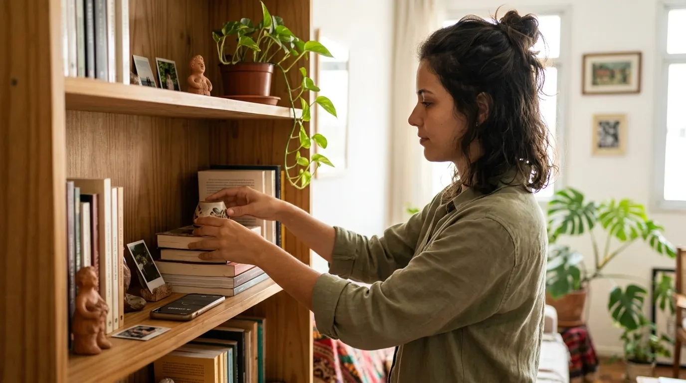Uma mulher de cabelo preso em coque e camisa verde organiza objetos em uma estante de madeira, acomodando um pequeno vaso de cerâmica sobre uma pilha de livros, ao lado de fotos instantâneas, estatuetas e uma planta pendente.