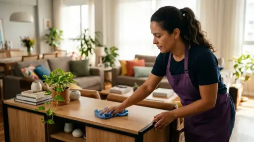 Uma diarista vestindo camiseta azul e avental roxo limpa a superfície de um aparador de madeira com um pano de microfibra azul, ao lado de livros e uma planta em vaso, em uma sala de estar aconchegante e bem iluminada com sofás ao fundo.