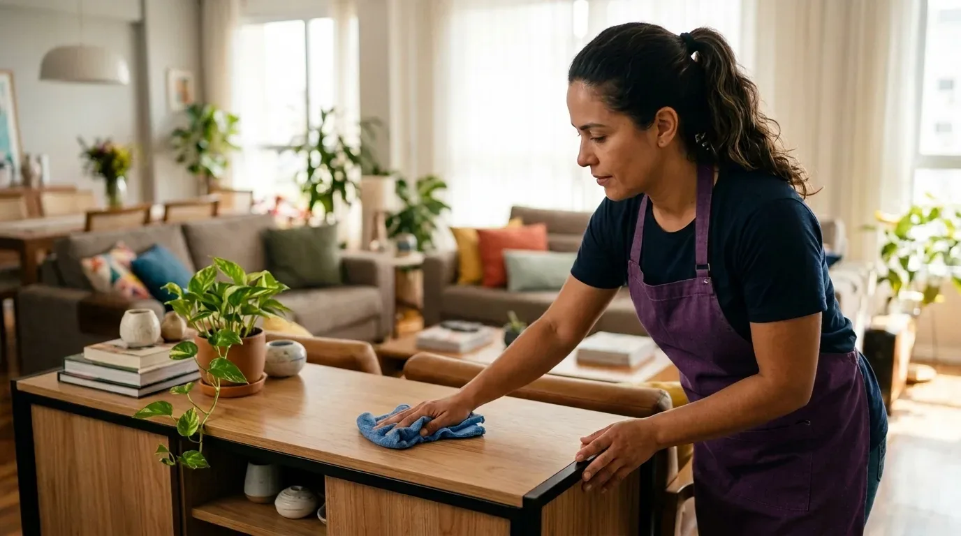 Uma diarista vestindo camiseta azul e avental roxo limpa a superfície de um aparador de madeira com um pano de microfibra azul, ao lado de livros e uma planta em vaso, em uma sala de estar aconchegante e bem iluminada com sofás ao fundo.
