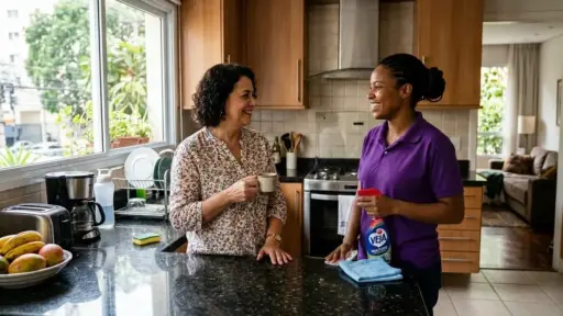 Uma profissional de limpeza de polo roxo a segurar um frasco do produto "VEJA" e um pano, enquanto conversa alegremente com a moradora que segura uma chávena de café na cozinha. A bancada de granito conta com uma cafeteira e uma fruteira sob a luz natural da janela.