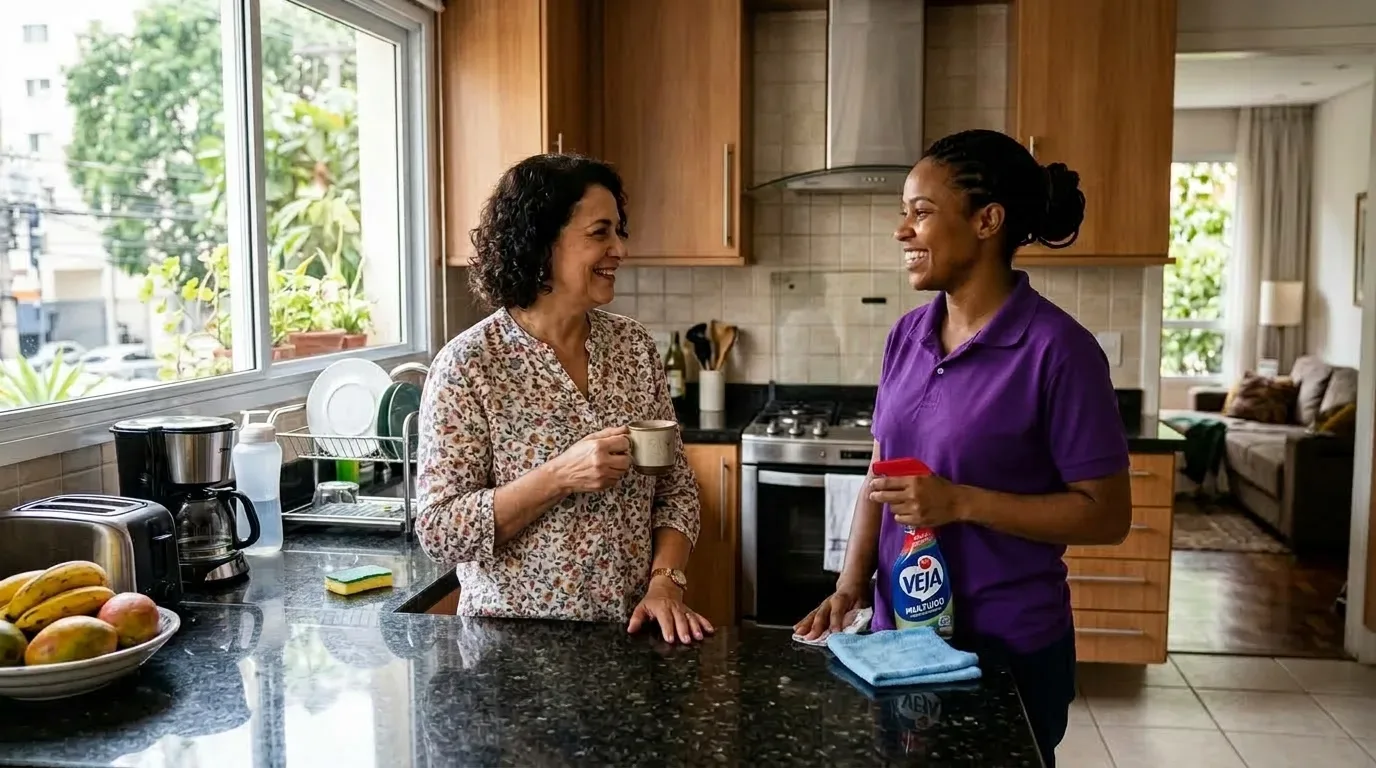 Uma profissional de limpeza de polo roxo a segurar um frasco do produto "VEJA" e um pano, enquanto conversa alegremente com a moradora que segura uma chávena de café na cozinha. A bancada de granito conta com uma cafeteira e uma fruteira sob a luz natural da janela.