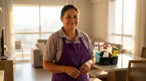 Fotografia em retrato de uma profissional de limpeza sorridente, vestindo um polo cinzento e avental roxo. Ao fundo, numa sala de estar bem iluminada por grandes janelas, vê-se um cesto organizador com diversos produtos e sprays de limpeza sobre a mesa.