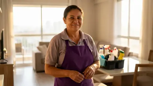 Fotografia em retrato de uma profissional de limpeza sorridente, vestindo um polo cinzento e avental roxo. Ao fundo, numa sala de estar bem iluminada por grandes janelas, vê-se um cesto organizador com diversos produtos e sprays de limpeza sobre a mesa.