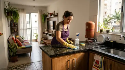Uma mulher de avental lilás e luvas amarelas limpa a bancada de granito escuro de uma cozinha integrada usando um pano e borrifador, ao lado de um filtro de barro e da pia.