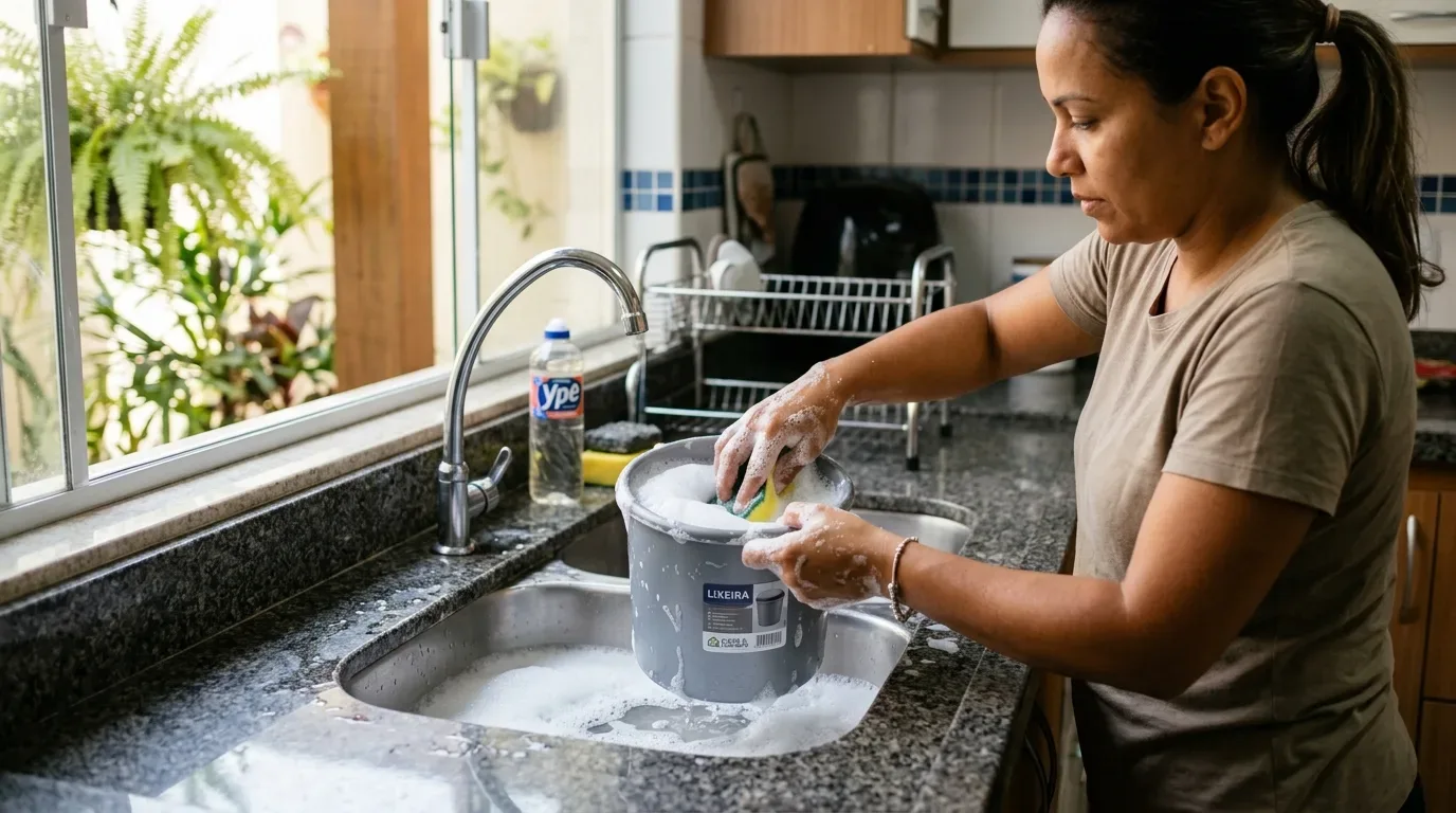 Uma mulher a lavar um pequeno caixote do lixo de plástico cinzento com uma esponja ensaboada num lava-loiça de granito. O lava-loiça está repleto de espuma de sabão, vendo-se uma embalagem de detergente "Ypê" ao lado da torneira cromada e plantas no exterior através da janela da cozinha.