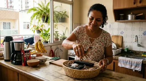 Uma mulher a organizar objetos dispersos na bancada de madeira da cozinha. Ela coloca um dinossauro de brinquedo num cesto de palha que já contém telecomandos, chaves e carregadores, ao lado de uma máquina de café, uma embalagem de café "PILÃO", bananas penduradas e plantas na janela ao fundo.